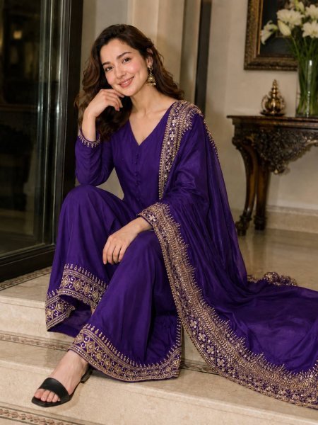 Dapper Purple Natural Crepe Silk Set with Sequins Zari Work Ethnic Suit Set for Women Ready To Wear Collection