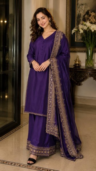 Dapper Purple Natural Crepe Silk Set with Sequins Zari Work Ethnic Suit Set for Women Ready To Wear Collection