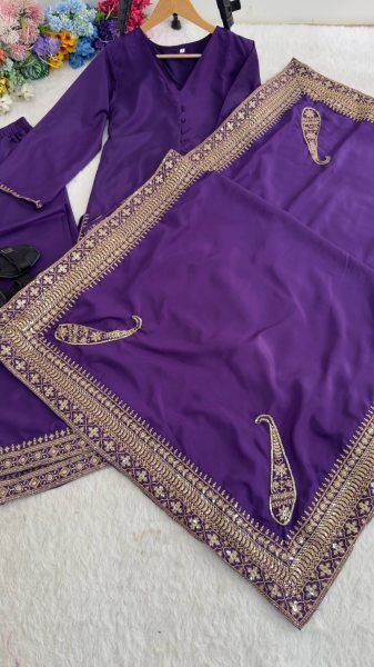 Dapper Purple Natural Crepe Silk Set with Sequins Zari Work Ethnic Suit Set for Women Ready To Wear Collection