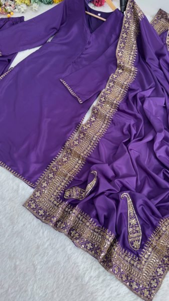 Dapper Purple Natural Crepe Silk Set with Sequins Zari Work Ethnic Suit Set for Women Ready To Wear Collection