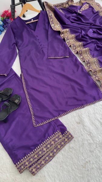 Dapper Purple Natural Crepe Silk Set with Sequins Zari Work Ethnic Suit Set for Women Ready To Wear Collection
