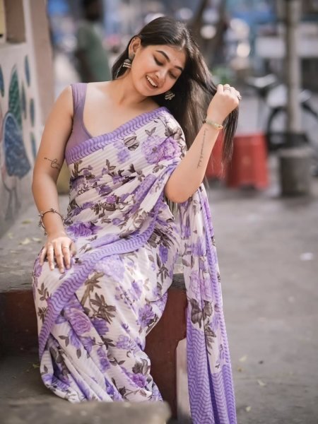 Dapper Purple Original Plain Linen Digital Print Saree with Matching Printed Linen Blouse Printed Cotton Sarees Wholesale