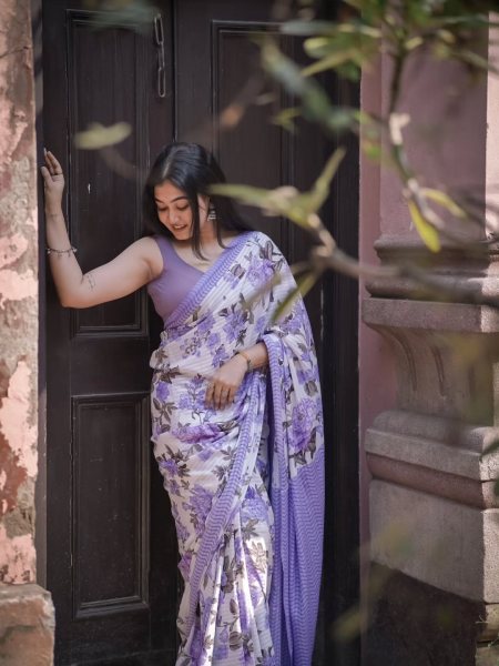 Dapper Purple Original Plain Linen Digital Print Saree with Matching Printed Linen Blouse Printed Cotton Sarees Wholesale