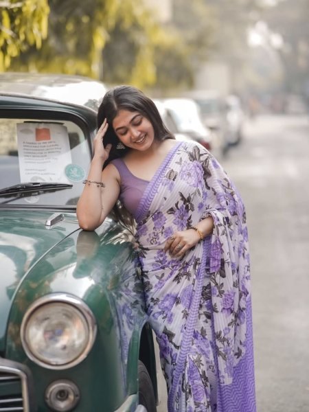 Dapper Purple Original Plain Linen Digital Print Saree with Matching Printed Linen Blouse Printed Cotton Sarees Wholesale
