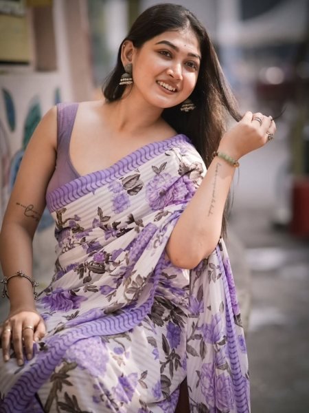 Dapper Purple Original Plain Linen Digital Print Saree with Matching Printed Linen Blouse Printed Cotton Sarees Wholesale
