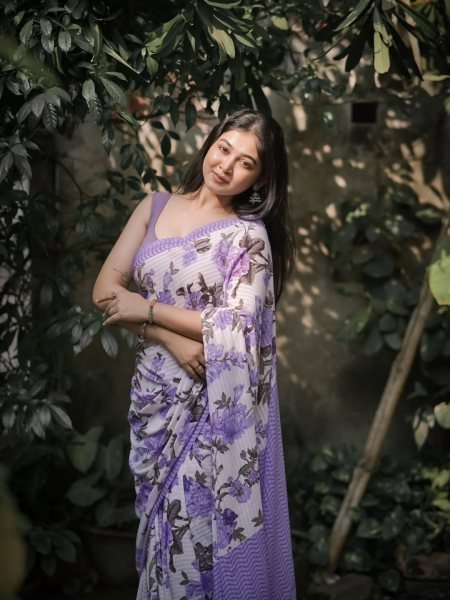 Dapper Purple Original Plain Linen Digital Print Saree with Matching Printed Linen Blouse Printed Cotton Sarees Wholesale