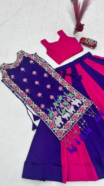 Dapper Purple Pink  Vichitra Silk Lehenga Choli with Embroidered Shrug for Festive Wear Navratri Lehnega Choli