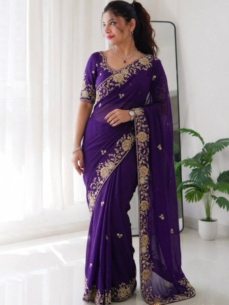 Dapper Purple Rangoli Silk Wedding Saree with Embroidered Butti and Cutwork Border Sarees 