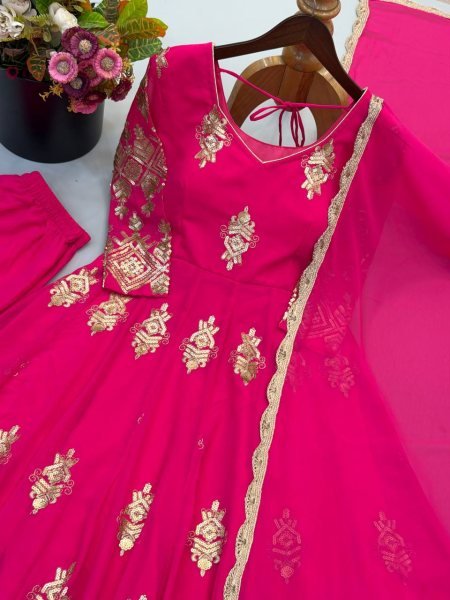 Dapper Rani Pink Designer Heavy Georgette Gown with Sequin Embroidery at Wholesale Rate Ready To Wear Collection