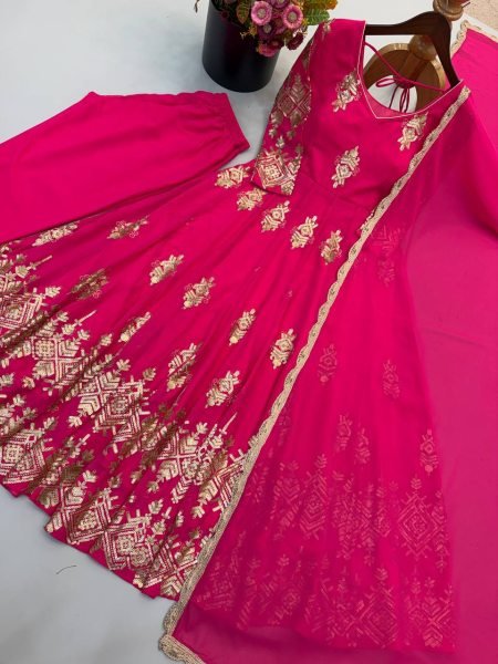 Dapper Rani Pink Designer Heavy Georgette Gown with Sequin Embroidery at Wholesale Rate Ready To Wear Collection