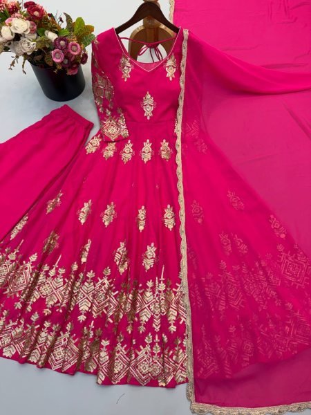Dapper Rani Pink Designer Heavy Georgette Gown with Sequin Embroidery at Wholesale Rate Ready To Wear Collection