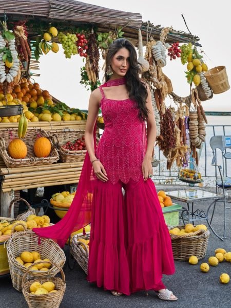 Dapper Rani Pink Real Georgette Spaghetti Kurti Palazzo Dupatta Set 