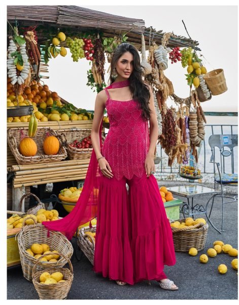 Dapper Rani Pink Real Georgette Spaghetti Kurti Palazzo Dupatta Set Designer Plazzo Salwar Suits Wholesale