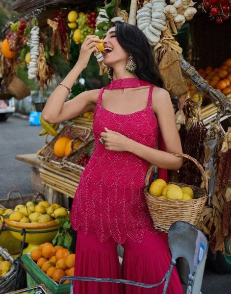 Dapper Rani Pink Real Georgette Spaghetti Kurti Palazzo Dupatta Set Designer Plazzo Salwar Suits Wholesale
