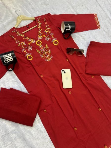 Dapper Red Cotton Kurti Set with Handwork for Daily Wear at Manufacturer Rate Cotton Kurtis Wholesale