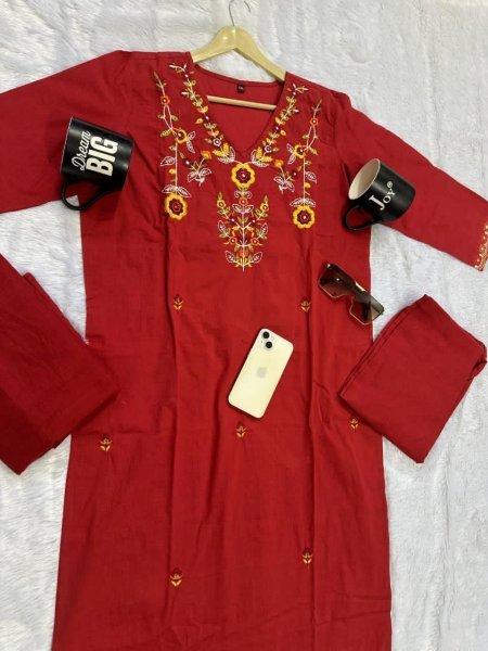 Dapper Red Cotton Kurti Set with Handwork for Daily Wear at Manufacturer Rate Cotton Kurtis Wholesale