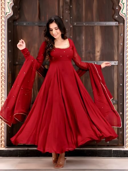 Dapper Red Faux Georgette Anarkali Suit with Handwork Pant Dupatta Set for Festival Ready To Wear Suit
