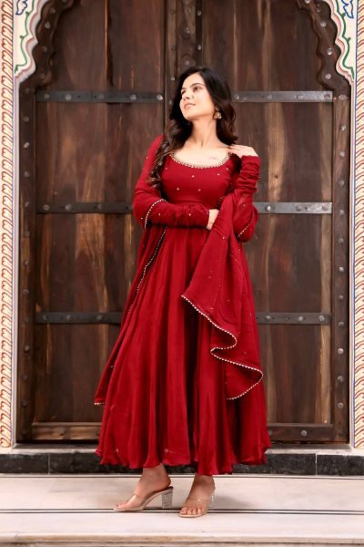 Dapper Red Faux Georgette Anarkali Suit with Handwork Pant Dupatta Set for Festival Ready To Wear Collection
