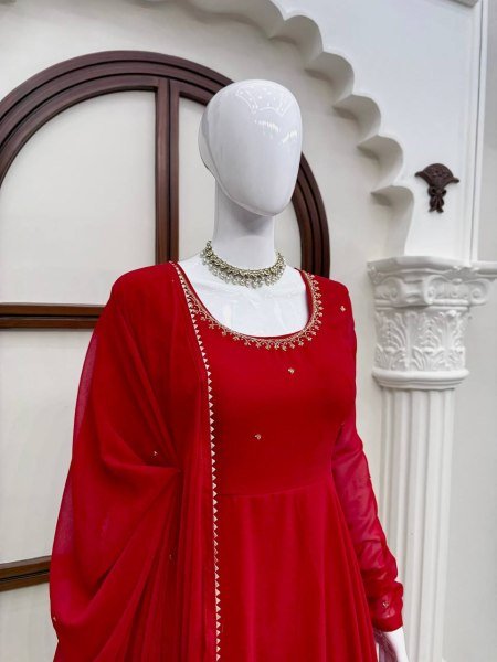 Dapper Red Faux Georgette Anarkali Suit with Handwork Pant Dupatta Set for Festival Ready To Wear Collection