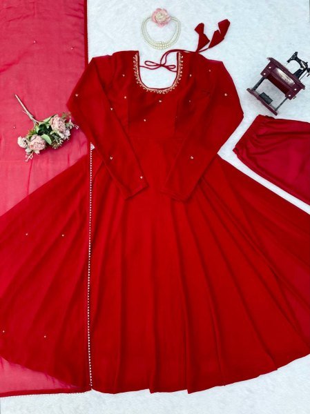 Dapper Red Faux Georgette Anarkali Suit with Handwork Pant Dupatta Set for Festival Ready To Wear Collection