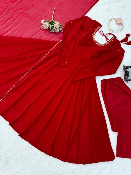 Dapper Red Faux Georgette Anarkali Suit with Handwork Pant Dupatta Set for Festival Ready To Wear Collection