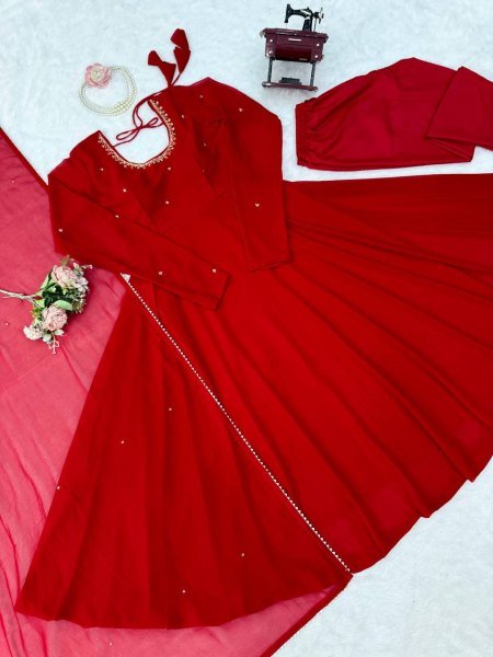 Dapper Red Faux Georgette Anarkali Suit with Handwork Pant Dupatta Set for Festival Ready To Wear Collection