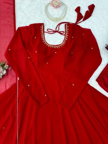 Dapper Red Faux Georgette Anarkali Suit with Handwork Pant Dupatta Set for Festival Ready To Wear Collection