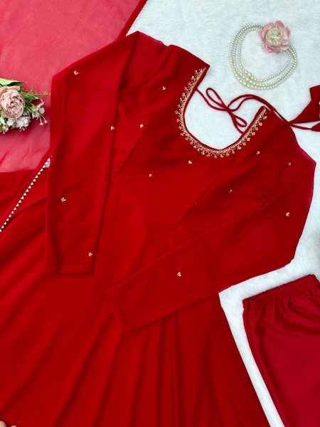 Dapper Red Faux Georgette Anarkali Suit with Handwork Pant Dupatta Set for Festival Ready To Wear Collection