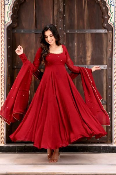 Dapper Red Faux Georgette Anarkali Suit with Handwork Pant Dupatta Set for Festival Ready To Wear Collection