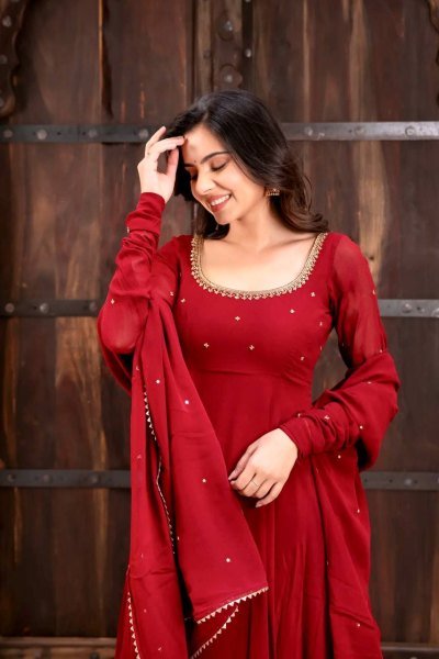 Dapper Red Faux Georgette Anarkali Suit with Handwork Pant Dupatta Set for Festival Ready To Wear Collection