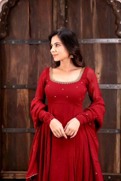 Dapper Red Faux Georgette Anarkali Suit with Handwork Pant Dupatta Set for Festival Ready To Wear Collection