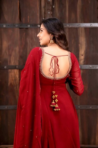 Dapper Red Faux Georgette Anarkali Suit with Handwork Pant Dupatta Set for Festival Ready To Wear Collection