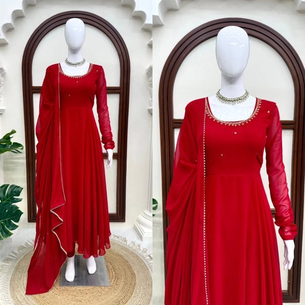 Dapper Red Faux Georgette Anarkali Suit with Handwork Pant Dupatta Set for Festival Ready To Wear Collection