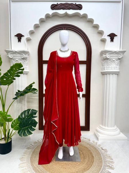 Dapper Red Faux Georgette Anarkali Suit with Handwork Pant Dupatta Set for Festival Ready To Wear Collection