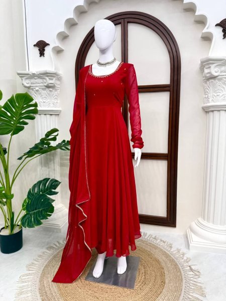 Dapper Red Faux Georgette Anarkali Suit with Handwork Pant Dupatta Set for Festival Ready To Wear Collection