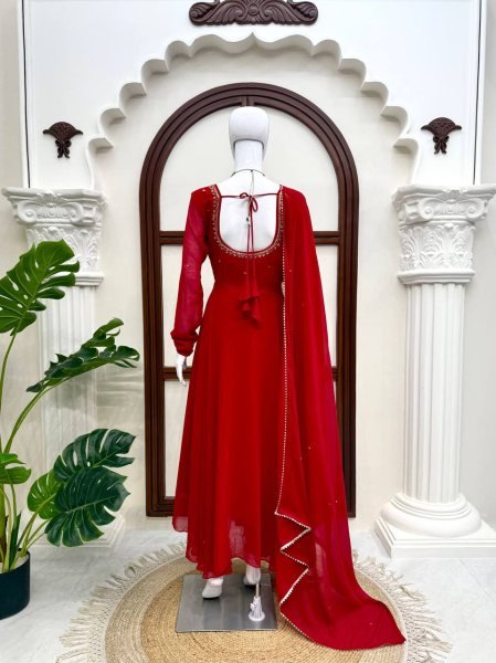 Dapper Red Faux Georgette Anarkali Suit with Handwork Pant Dupatta Set for Festival Ready To Wear Collection