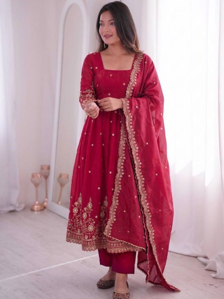 Dapper Red Heavy Work Fandy Silk Gown Set for Wedding and Festival Wear Ready To Wear Suit