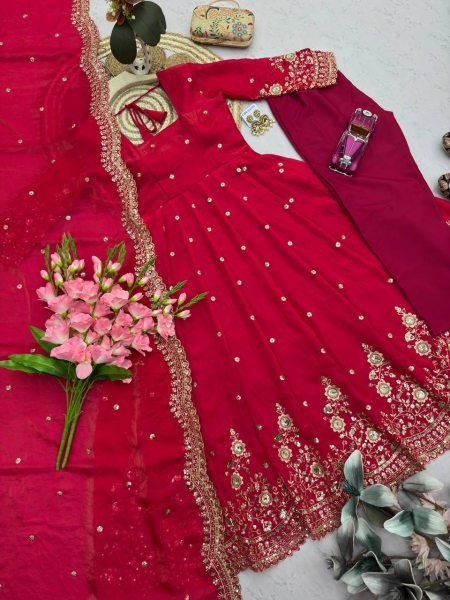 Dapper Red Heavy Work Fandy Silk Gown Set for Wedding and Festival Wear Ready To Wear Collection