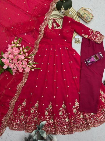 Dapper Red Heavy Work Fandy Silk Gown Set for Wedding and Festival Wear Ready To Wear Collection