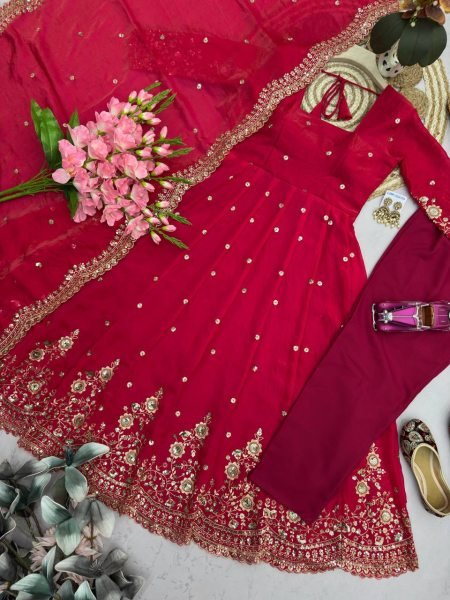 Dapper Red Heavy Work Fandy Silk Gown Set for Wedding and Festival Wear Ready To Wear Collection