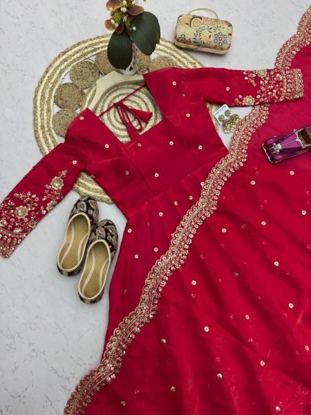 Dapper Red Heavy Work Fandy Silk Gown Set for Wedding and Festival Wear Ready To Wear Collection