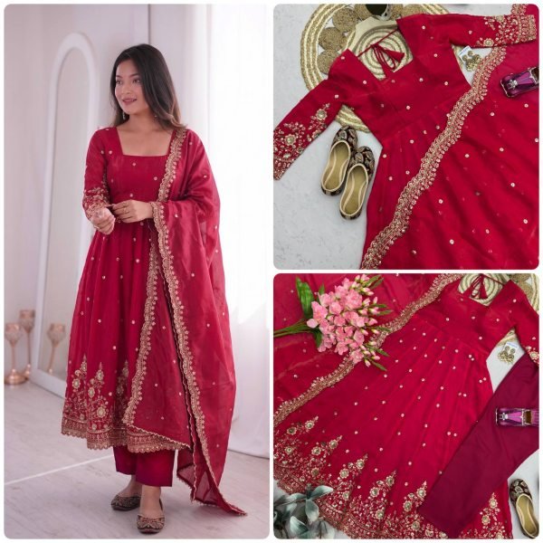 Dapper Red Heavy Work Fandy Silk Gown Set for Wedding and Festival Wear Ready To Wear Collection