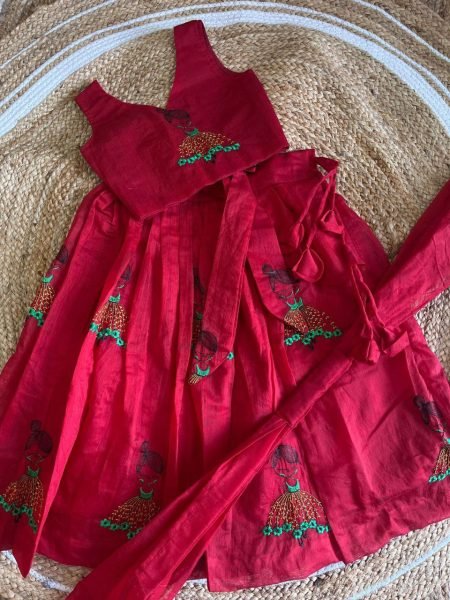 Dapper Red Kids Chanderi Lehenga with Doll Embroidery for Festive Wear Girls Wear