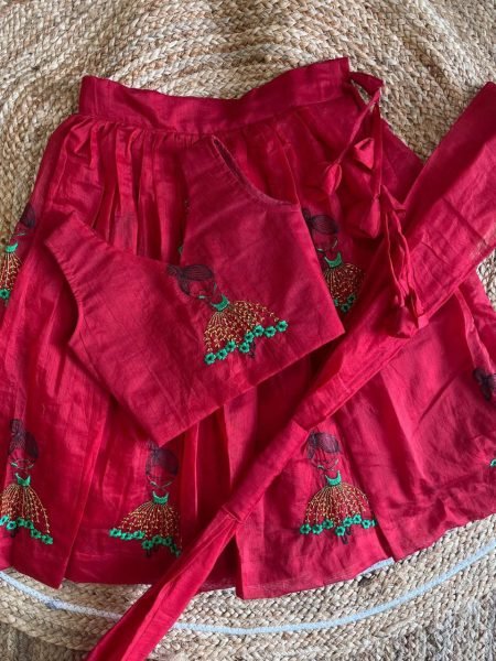 Dapper Red Kids Chanderi Lehenga with Doll Embroidery for Festive Wear Girls Wear
