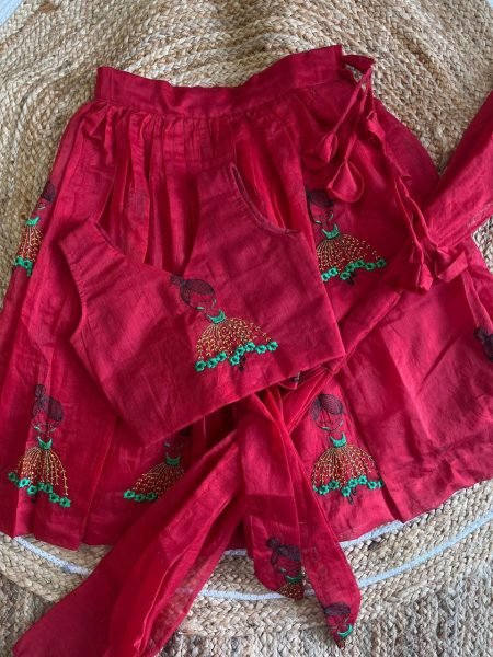 Dapper Red Kids Chanderi Lehenga with Doll Embroidery for Festive Wear Girls Wear