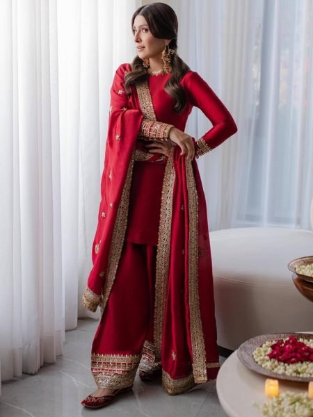 Dapper Red Rangoli Silk Kurti Palazzo Set with Sequin and Zari Work at Manufacturer  Ready To Wear Suit