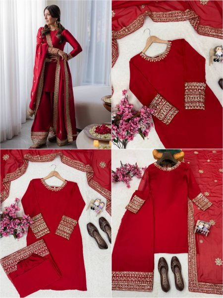 Dapper Red Rangoli Silk Kurti Palazzo Set with Sequin and Zari Work at Manufacturer  Ready To Wear Collection