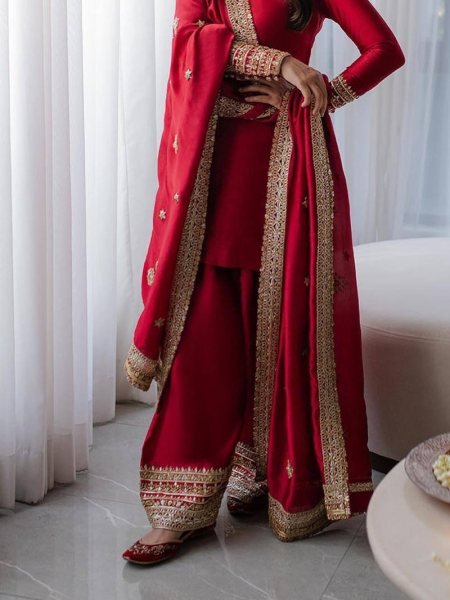 Dapper Red Rangoli Silk Kurti Palazzo Set with Sequin and Zari Work at Manufacturer  Ready To Wear Collection