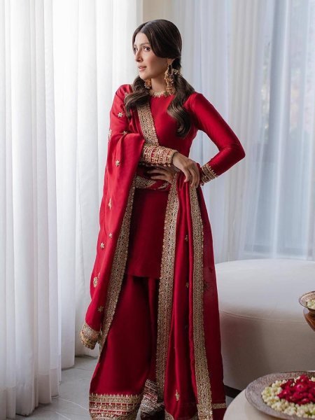 Dapper Red Rangoli Silk Kurti Palazzo Set with Sequin and Zari Work at Manufacturer  Ready To Wear Collection