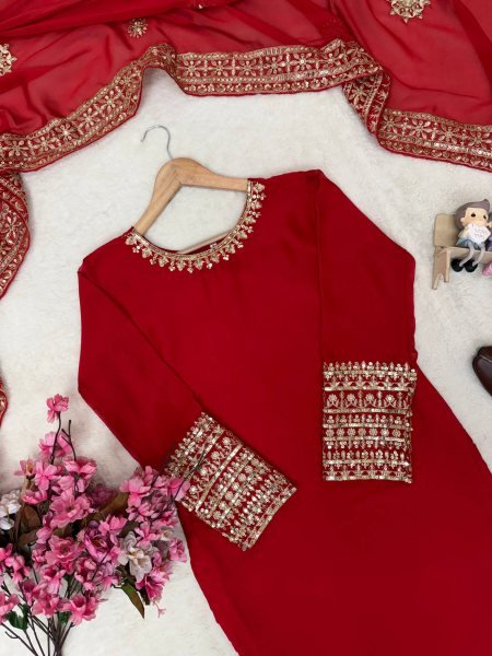 Dapper Red Rangoli Silk Kurti Palazzo Set with Sequin and Zari Work at Manufacturer  Ready To Wear Collection